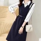 Set: Puff-sleeve Striped Shirt + Overall Dress
