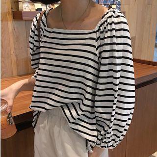 Long-sleeve Striped T-shirt/ Plain Straight Cut Pants