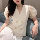 Balloon-sleeve Double-breasted Blouse Off White - One Size