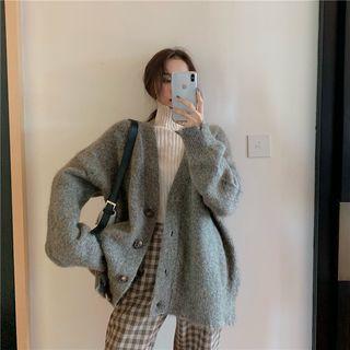 Fluffy Cardigan / Plaid Wide-leg Pants