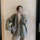 Fluffy Cardigan / Plaid Wide-leg Pants