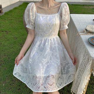 Lace Square Neck Puff Sleeve Dress/ Set: Lace Square Neck Puff Sleeve Top + Plain Wide Leg Shorts