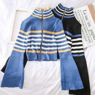 Bell-sleeved Striped Zipper Knit Top