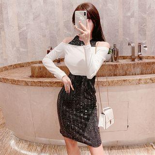 Cold-shoulder Long-sleeve Sequined Sheath Dress
