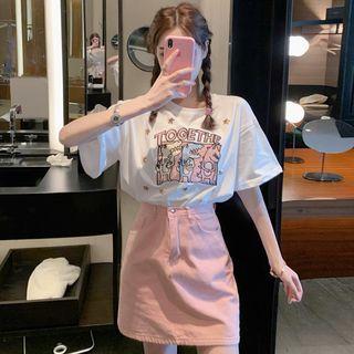 Cartoon Embroidered T-shirt / Denim Mini A-line Skirt