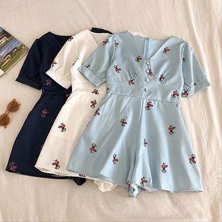 Short-sleeve Floral Print Wide Leg Playsuit