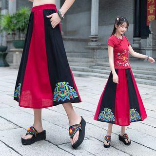Embroidered Color Panel Midi Skirt