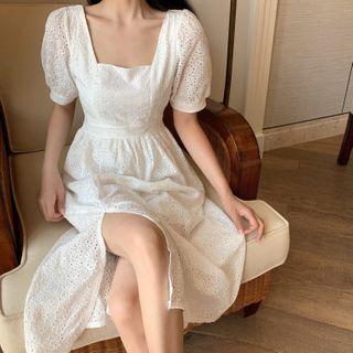 Short-sleeve Square-neck Midi A-line Lace Dress