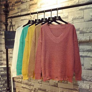 Long-sleeve Ripped Open-knit Top