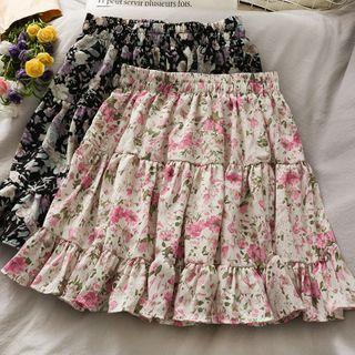 Ruffled-hem Floral Mini Skirt