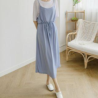 Set: Tie-waist Long Pinafore Dress + T-shirt
