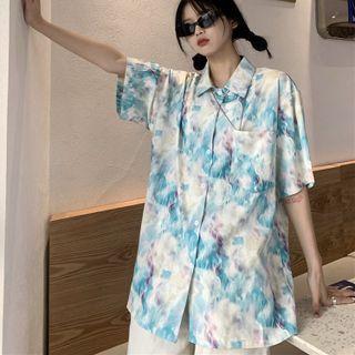 Short-sleeve Tie-dyed Front Pocket Button-up Shirt Light Blue - One Size