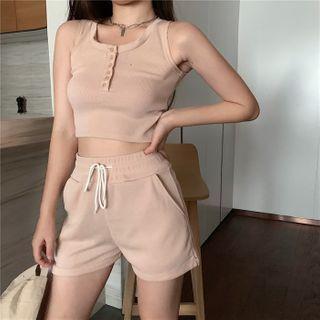 Set: Half-button Cropped Tank Top + Drawstring-waist Shorts