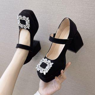 Block Heel Rhinestone Buckled Mary Jane Shoes