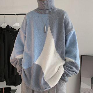 High-neck Sweater Color Panel Knit
