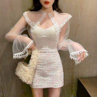 Long-sleeve Rhinestone Mesh Blouse White - One Size