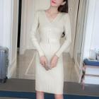 Long-sleeve Tie-waist A-line Knit Dress