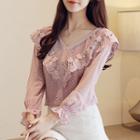 3/4-sleeve Perforated Flower Trim Buttoned Chiffon Top