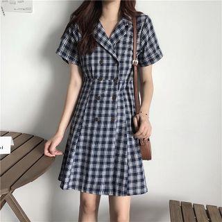 Short-sleeve Double-breasted Plaid A-line Dress