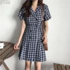 Short-sleeve Double-breasted Plaid A-line Dress