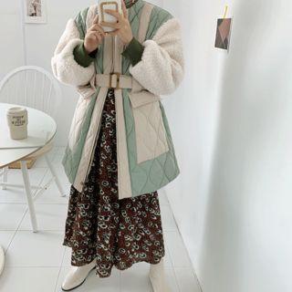 Two-tone Fleece-sleeve Padded Coat With Belt Mint Green - One Size
