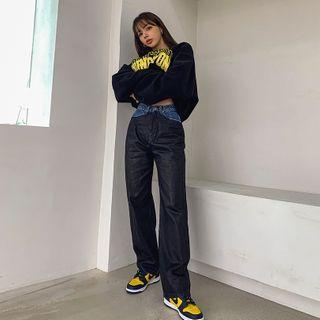 Contrast-panel Coated Wide-leg Jeans