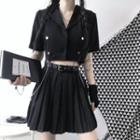 Short Sleeve Cropped Shirt / Pleated A-line Skirt / Chain Detail Belt