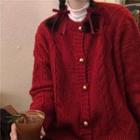 Round-neck Cable-knit Cardigan Red - One Size