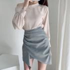 Long-sleeve Asymmetric Off Shoulder Top / Striped Crinkled Mini Skirt