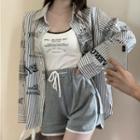 Contrast Trim Letter Print Camisole / High Waist Drawstring Shorts / Logo Print Two-tone Striped Shirt