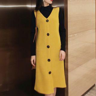 Set: Mock-neck Long-sleeve Knit Top + V-neck Sleeveless Knit Dress