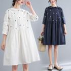 Elbow-sleeve Embroidered Linen A-line Dress