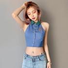 Sleeveless Embroidered Button-up Crop Top