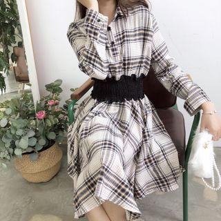 Color-block Check Long-sleeve Dress