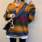 Striped Collared Sweater As Shown In Figure - One Size