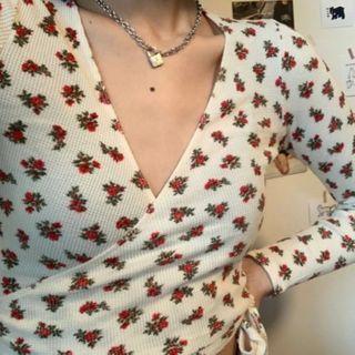 Floral Long-sleeve Wrap-front Cropped T-shirt As Shown In Figure - One Size