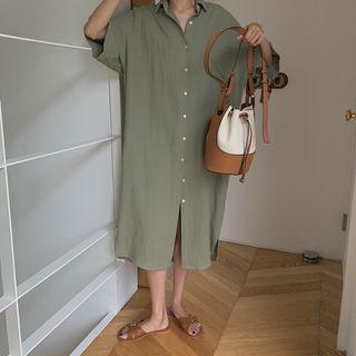 Elbow-sleeve Midi Shift Shirtdress Green - One Size