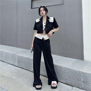 Bandeau / Short-sleeve Two-tone Crop Blazer / Wide Leg Pants / Set