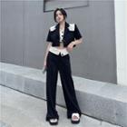Bandeau / Short-sleeve Two-tone Crop Blazer / Wide Leg Pants / Set