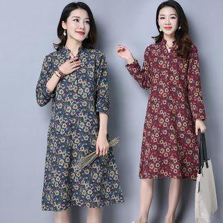 Floral Print Half Placket Long Sleeve Dress