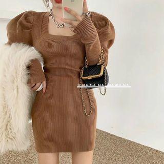 Long-sleeve Square Neck Mini Sheath Knit Dress