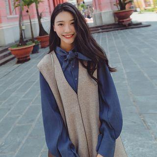 Set: Tie-neck Shirt + Sleeveless V-neck Dress