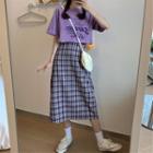 Elbow-sleeve Printed T-shirt / Plaid Midi Skirt