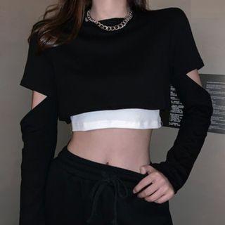 Long-sleeve Cutout Crop T-shirt Black - One Size