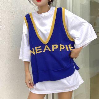 Knit Vest / Elbow-sleeve Oversized T-shirt