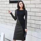 Color Block Long-sleeve Knitted Sheath Dress As Shown In Figure - One Size