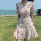 Short-sleeve Cherry Print Chiffon A-line Mini Dress