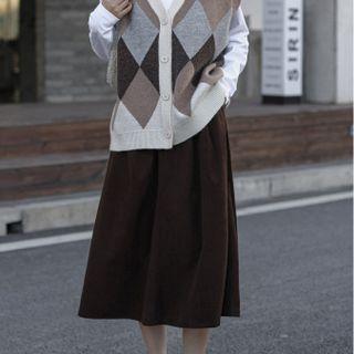 High Waist Corduroy Midi A-line Skirt