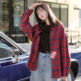 Long-sleeve Plaid Shirt Wine Red - One Size