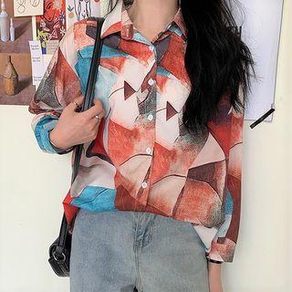 Long-sleeve Geometric Print Shirt As Shown In Figure - One Size